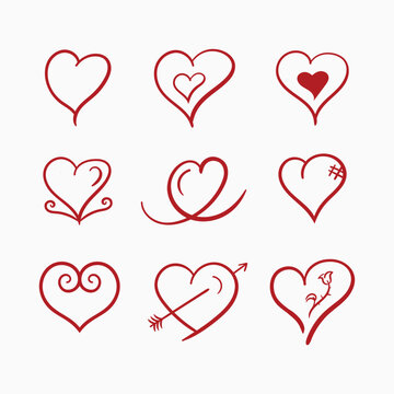 Vector set of hearts hand drawn doodle style white background