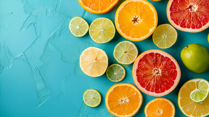 Citrus Fruits on Turquoise Abstract Background, Vibrant Colorful Composition for Refreshing Summer Concepts, Generative AI

 - obrazy, fototapety, plakaty