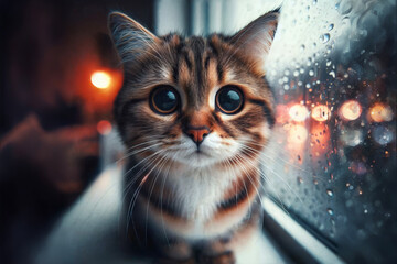 A sad striped cat with big eyes is sitting by the window, behind which it is raining.