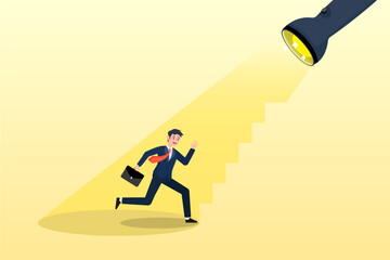 Businessman walk up flashlight with staircase light beam, spotlight to guide career success, recruitment or HR finding candidate or talent, opportunity or career growth, ladder of success (Vector)