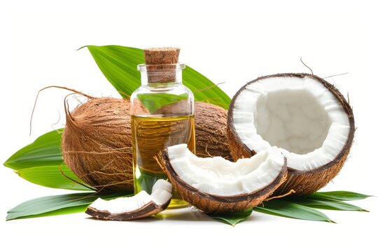 Coconut oil and fruit with leaves on white background in glass bottle