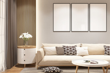 Scandinavian living interior with frame mock up on the wall. Design 3d rendering of gray and light woods. Design print for illustration, presentation, mock up, interior, zoom, background. Set 7