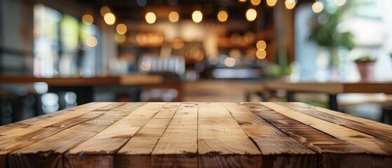 Coffee table with blurred coffee shop background space for text