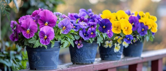 Colorful flower pots with viola cornuta and pansies hanging on balcony fence