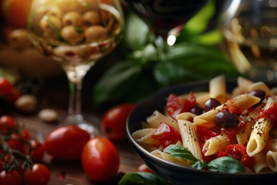 Collage of pasta images featuring penne with tomato basil olives red wine olive oil and salad