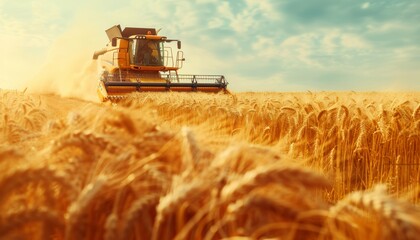 Fototapeta premium Combine harvester reaps wheat during harvest season in agriculture