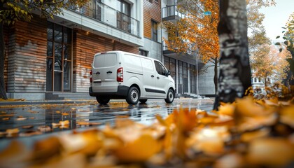 Compact cargo van delivered goods to client at high rise building on autumn street in urban city