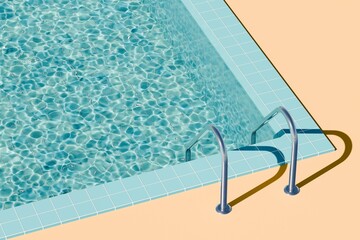 Ladder in the blue swimming pool with transparent water. Summer vacation concept. 3d illustration, rendering. Copy space.