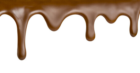 Pouring Chocolate drips frozen on cake isolated on white background - obrazy, fototapety, plakaty