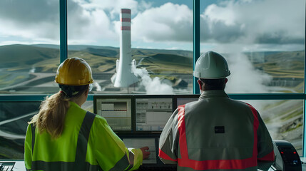 Engineer is checking the performance of a geothermal power plant via a monitor screen