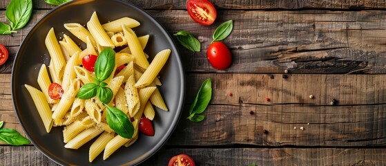 Creamy Italian penne pasta with pepper fresh basil viewed from above on wooden background with copy space