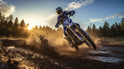 Motorcycle racer. Off-Road Race bike in action in the forest