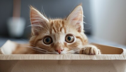 Curious ginger cat in a tray with filler appearing cute