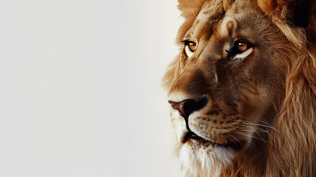 Close-Up of an African Lion with Copy Space, Isolated on White Background for Wildlife Conservation Projects, Generative AI

