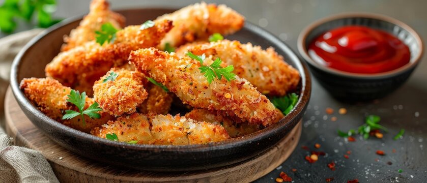 Crispy fish fingers with breadcrumbs and sauce