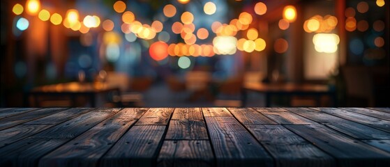 Dark wooden table in front of blurred restaurant background for product display or montage Mock up space