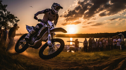 Motorcycle racer. Off-Road Race bike in action at evening in forest