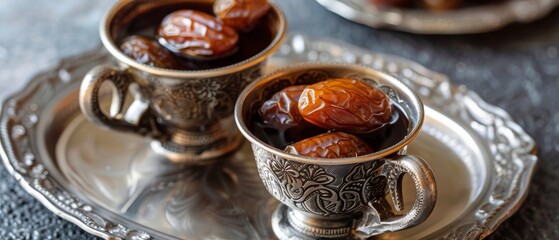 Dates and black coffee served in modern cups