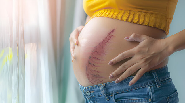 Closeup of Woman's Belly with a Scar from a Cesarean Section, Postpartum Body Image, Healthcare Concept, Generative AI

