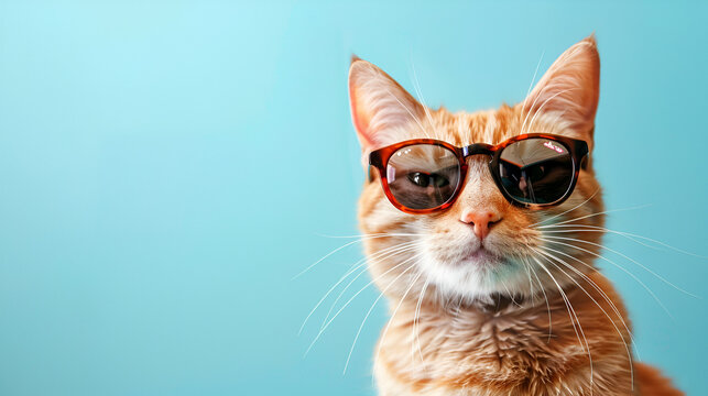 Closeup Portrait of Funny Ginger Cat Wearing Sunglasses, Cute and Playful Pet Concept for Summer Vibes, Generative AI

