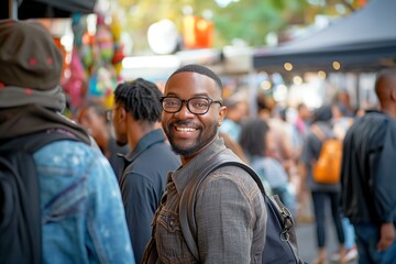 Happy African American man with a backpack smiling in a busy urban market, concept of travel and vibrant city life
