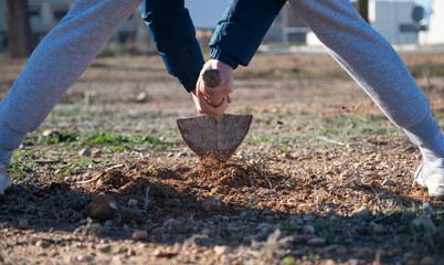 An impactful close-up of hands gripping a shovel and digging into the soil, highlighting the action...