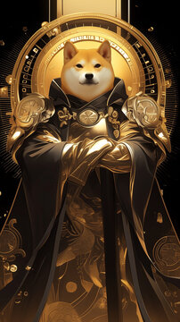 Majestic Shiba Inu Cloaked in Gold with Cryptocurrency Symbols, Doge Coin,