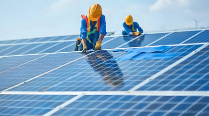 Technician is installing a solar power plant