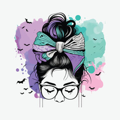 Vector Halloween messy bun pumpkin bandana girl