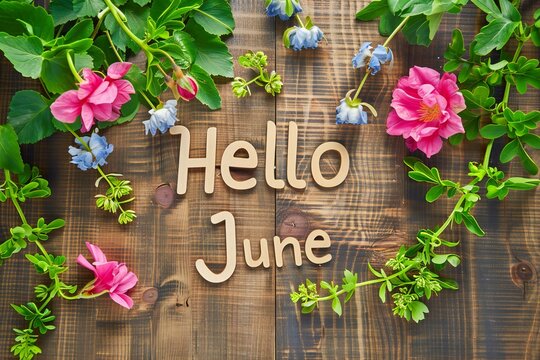 Hello June alphabet letters with flowers frame on wooden background