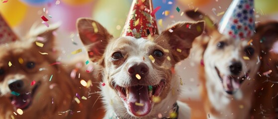 Dog partying for birthday or anniversary - obrazy, fototapety, plakaty