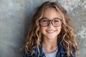 Obraz premium Smiling young girl with glasses posing in a casual outfit, concept of childhood joy and smart youthful energy