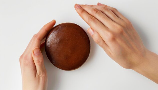 Dorayaki pictured on a white background with hands