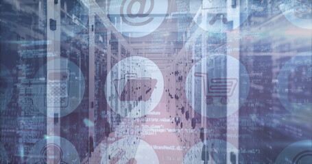 Image of technological icons with data and information over an empty server room