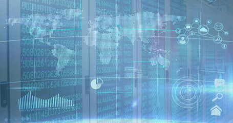 Image of a world map with graphs over an empty server room