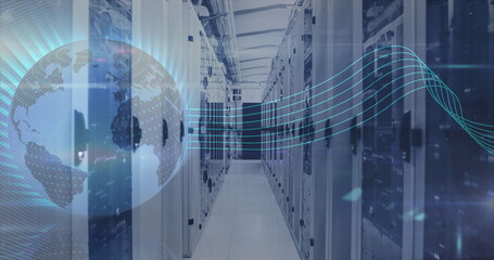 Image of globe spinning with data and information over an empty server room