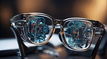 close-up of glasses with artificial intelligence - obrazy, fototapety, plakaty