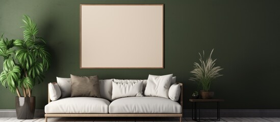 A rectangle picture hangs on the wall in a living room with a comfortable couch. The interior design features wood furniture and a cozy atmosphere