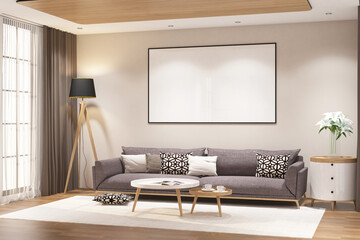 Scandinavian living interior with frame mock up on the wall. Design 3d rendering of white and light woods. Design print for illustration, presentation, mock up, interior, zoom, background. Set 17