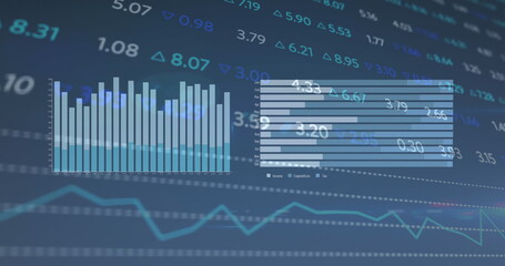 Image of diverse graphs and financial data on blue background