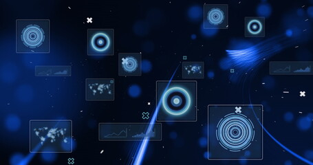 Image of scopes scanning and data processing over screens on dark background