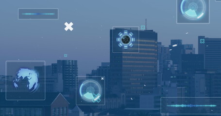 Image of scopes scanning and data processing over cityscape