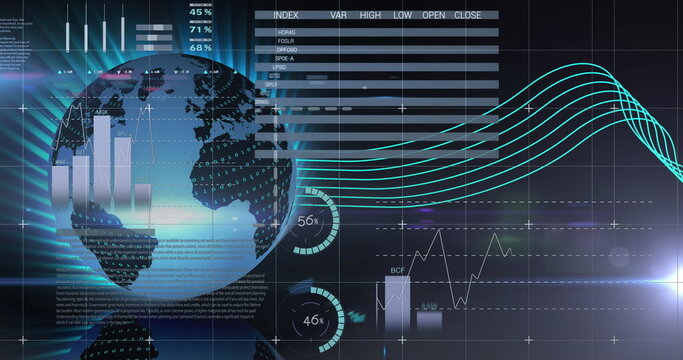 Image of graphs data and information moving on screen over grid and globe spinning