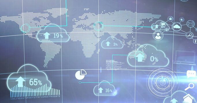 Image of blue clouds with rising numbers and arrows floating oer a world map - Powered by Adobe