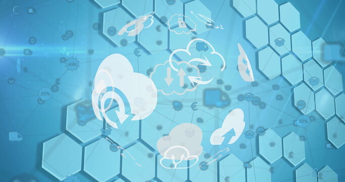 Image of globe of weather icons spinning on blue background