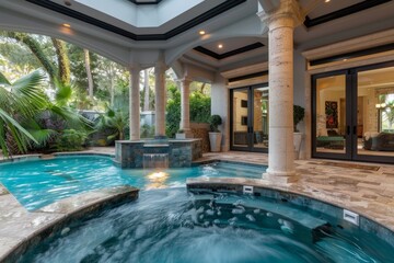 Elegant Home Interior Featuring a Luxurious Pool and Jacuzzi. - obrazy, fototapety, plakaty