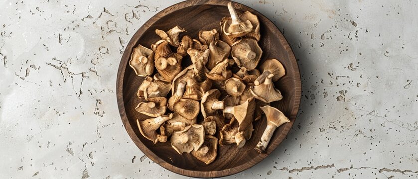 Dried straw mushroom on wooden plate Flat lay or top view