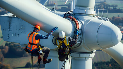 Technician is inspecting a wind power generating machine