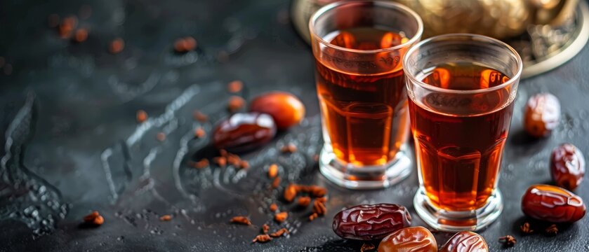 Eid greetings with tea and dates Dates and red tea in Arab glasses on dark background Ramadan Eid theme