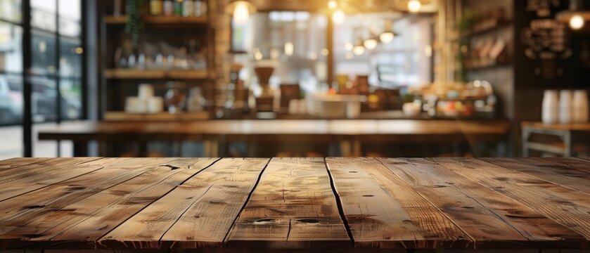 Empty wooden table in cafeteria bar or coffee shop for product display